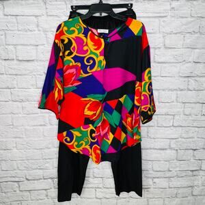 Vintage Lucie Ann II Lounge Set Size L Bright Colorblock Top Pants Floral Black